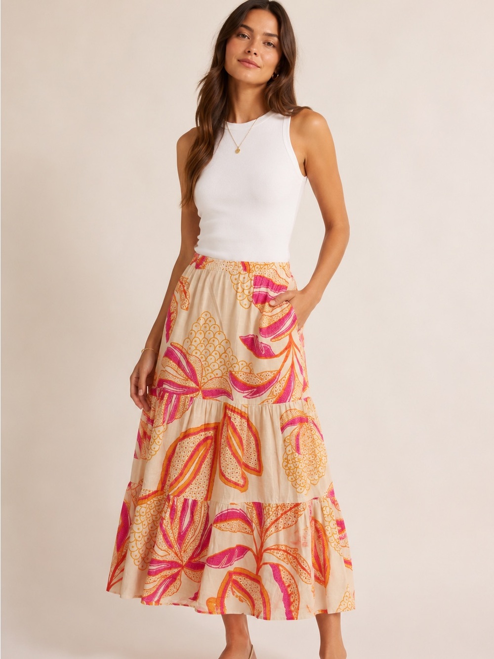 Maude Vivante Tiered Vibrant Print Maxi Skirt Large